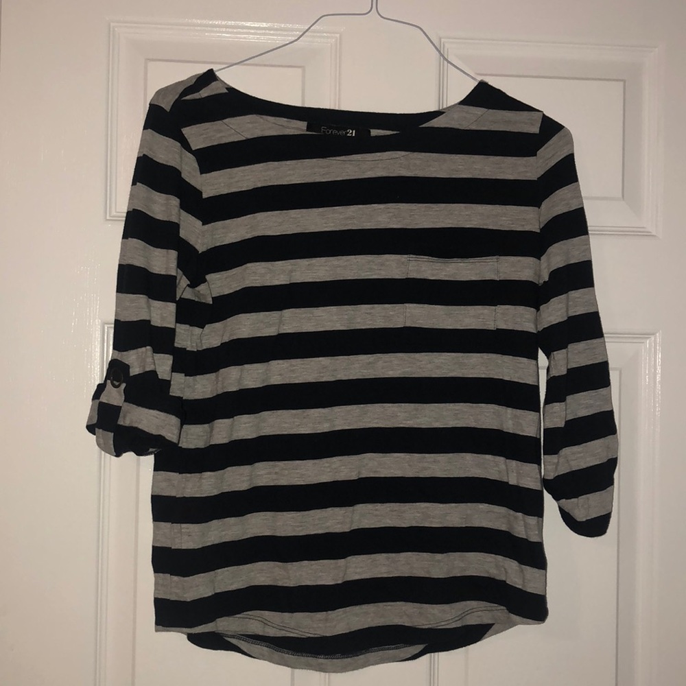 Forever 21 Striped 3/4 Sleeve Pocket Tee